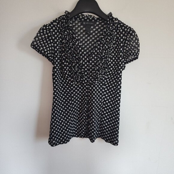 Ladies Petite SZ PM Black & White Polka-Dot Blouse - Picture 1 of 4